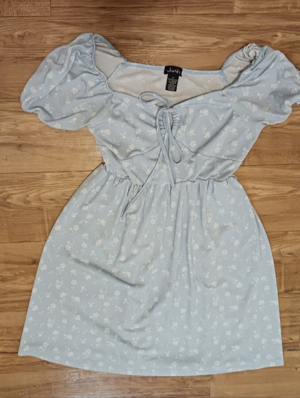 Light Blue Floral Puff Sleeve Mini Dress | Cottagecore Babydoll Dress - Picture 3 of 4